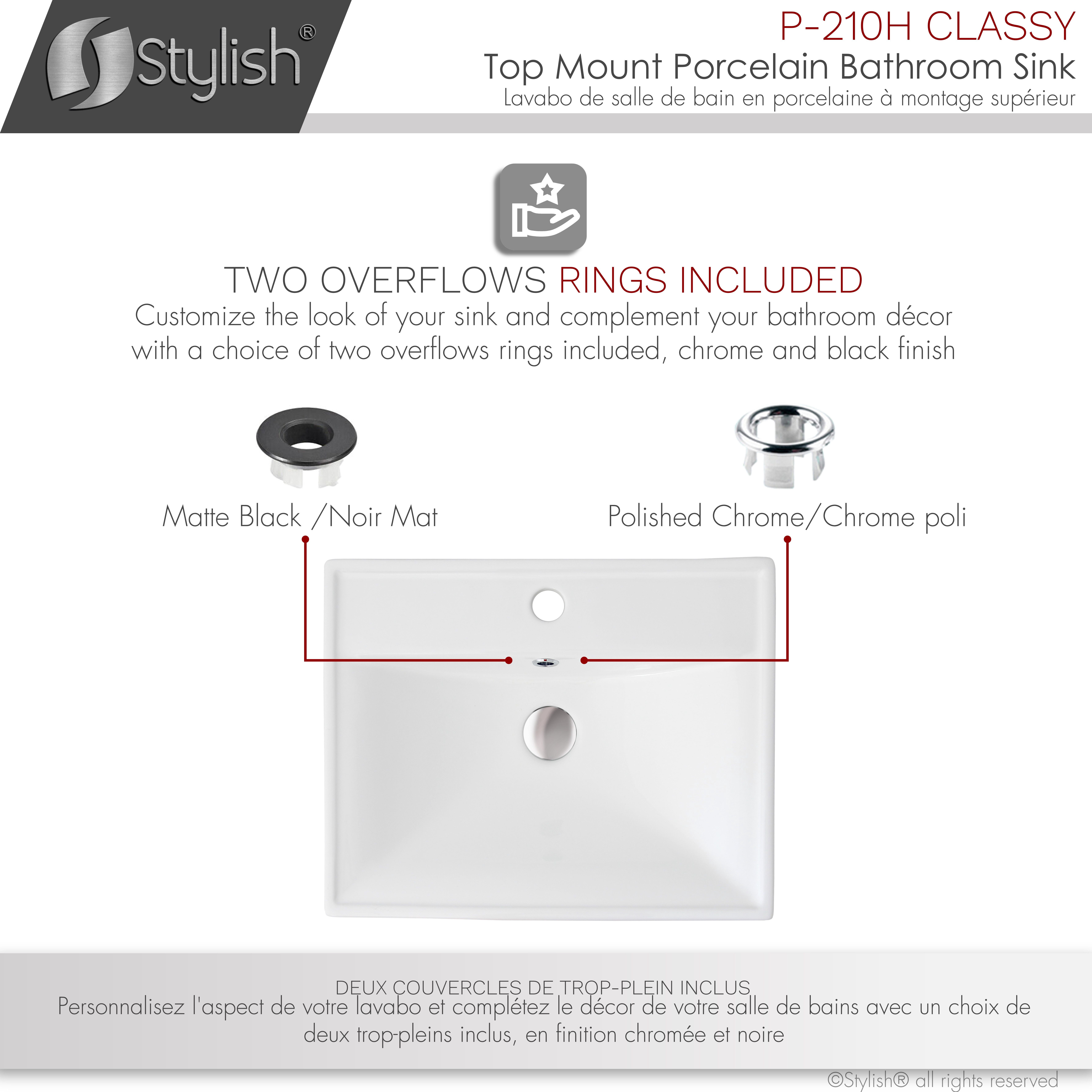 Stylish 20 ¼" White Porcelain Top Mount Rectangular Bathroom Sink with 2 Overflow Rings P-210H