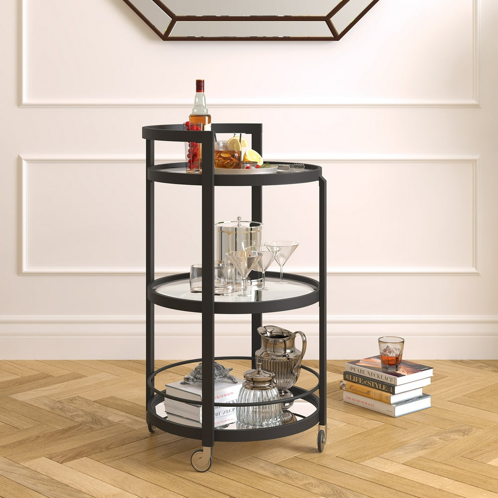 Contemporary Rolling Bar Cart with Wheels, Mirrored Shelves, Round