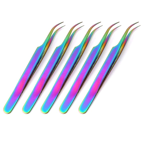 OdontoMed2011® 5 Pieces Stainless Steel Multi Rainbow Color 3d Eyelash Extension Tweezers Strong Curved Jewelry-making, Laboratory Work