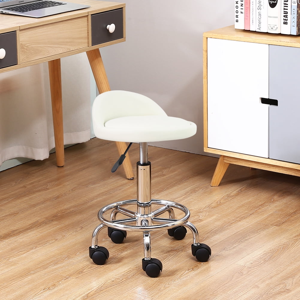 Multi-Purpose PU Leather Rolling Swivel Stool Rotatable Salon Drafting Spa Bar Stool with Back Support Footrest Wheels for Office Home TekkPerry Height Adjustable Round Rolling Stool Chair Black 