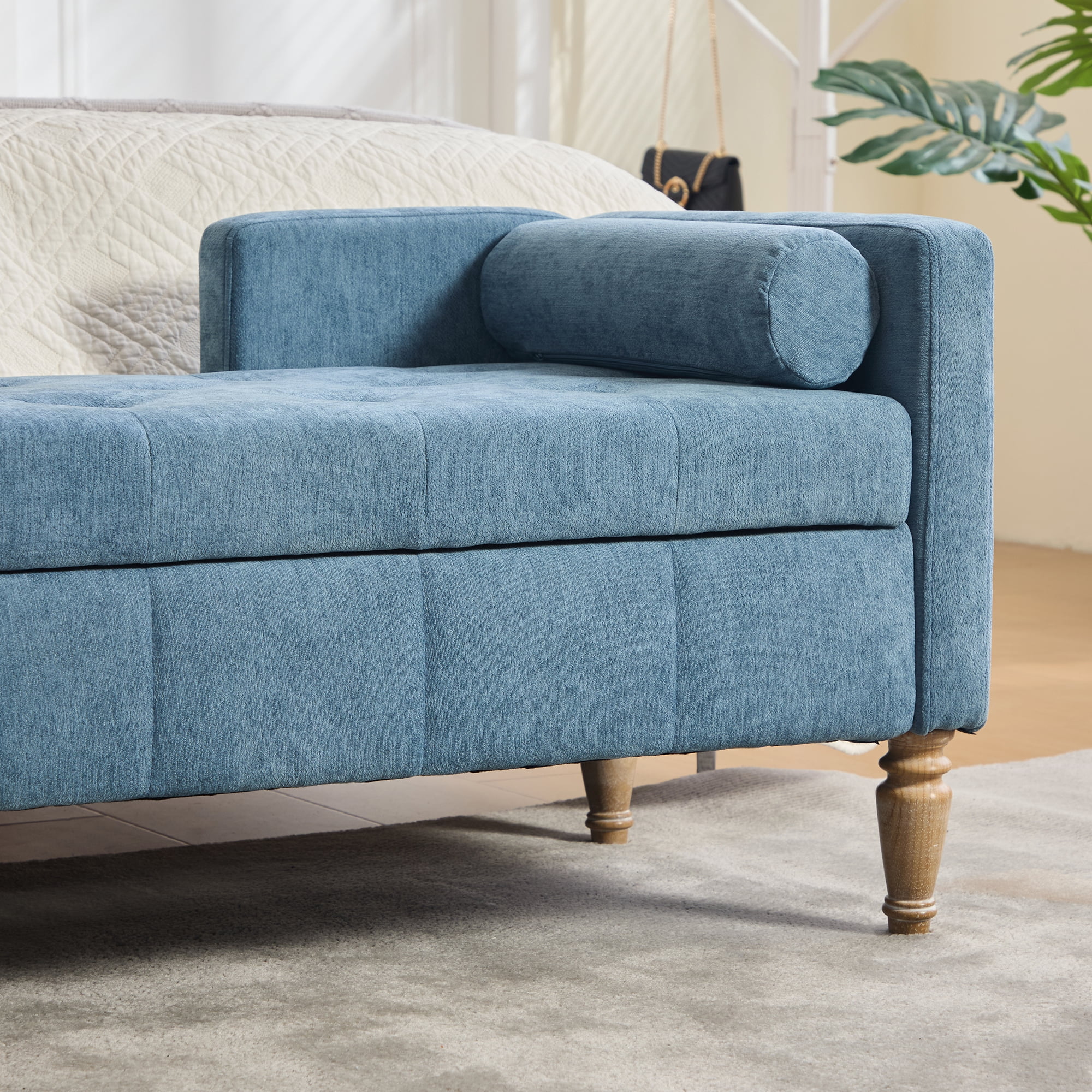 64.6"W Upholstered Chenille Flip-top Storage End of Bed Bench, Tufted Accent Footrest with Armrests&Backrest&2 Bolsters Whitewashed Rubberwood Legs for Living Room, Hallway, Entryway Bedroom
