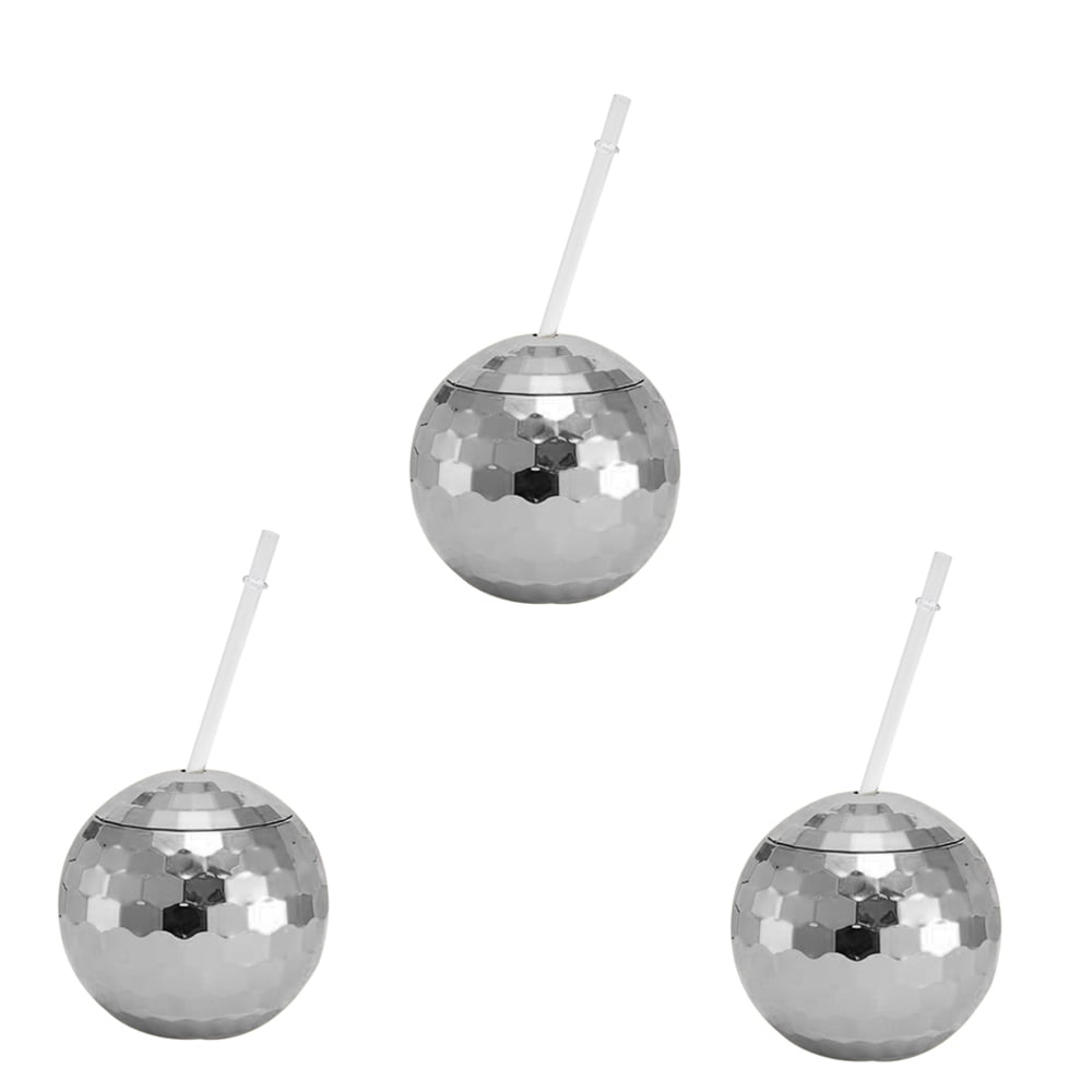 TBOLINE 600ml Disco Ball Cup Party Straw Wine Glass Mug ,pack of 3 (Silver)