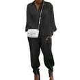 thumbnail image 1 of Txlixc, 2 uds., conjuntos de otoño para mujer, camisa de manga larga con solapa acanalada de Color sólido + traje de pantalón largo para mujer, negro/verde/blanco/azul Txlixc  Moda, 1 of 8