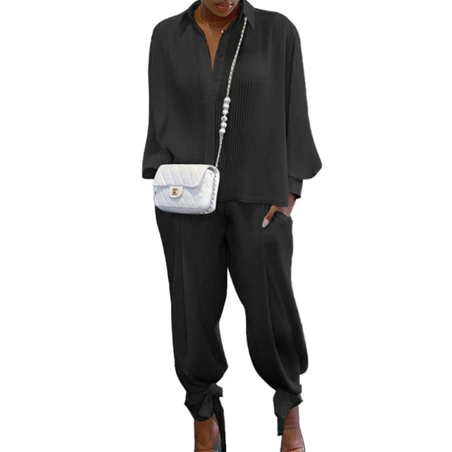 Txlixc, 2 uds., conjuntos de otoño para mujer, camisa de manga larga con solapa acanalada de Color sólido + traje de pantalón largo para mujer, negro/verde/blanco/azul Txlixc Moda