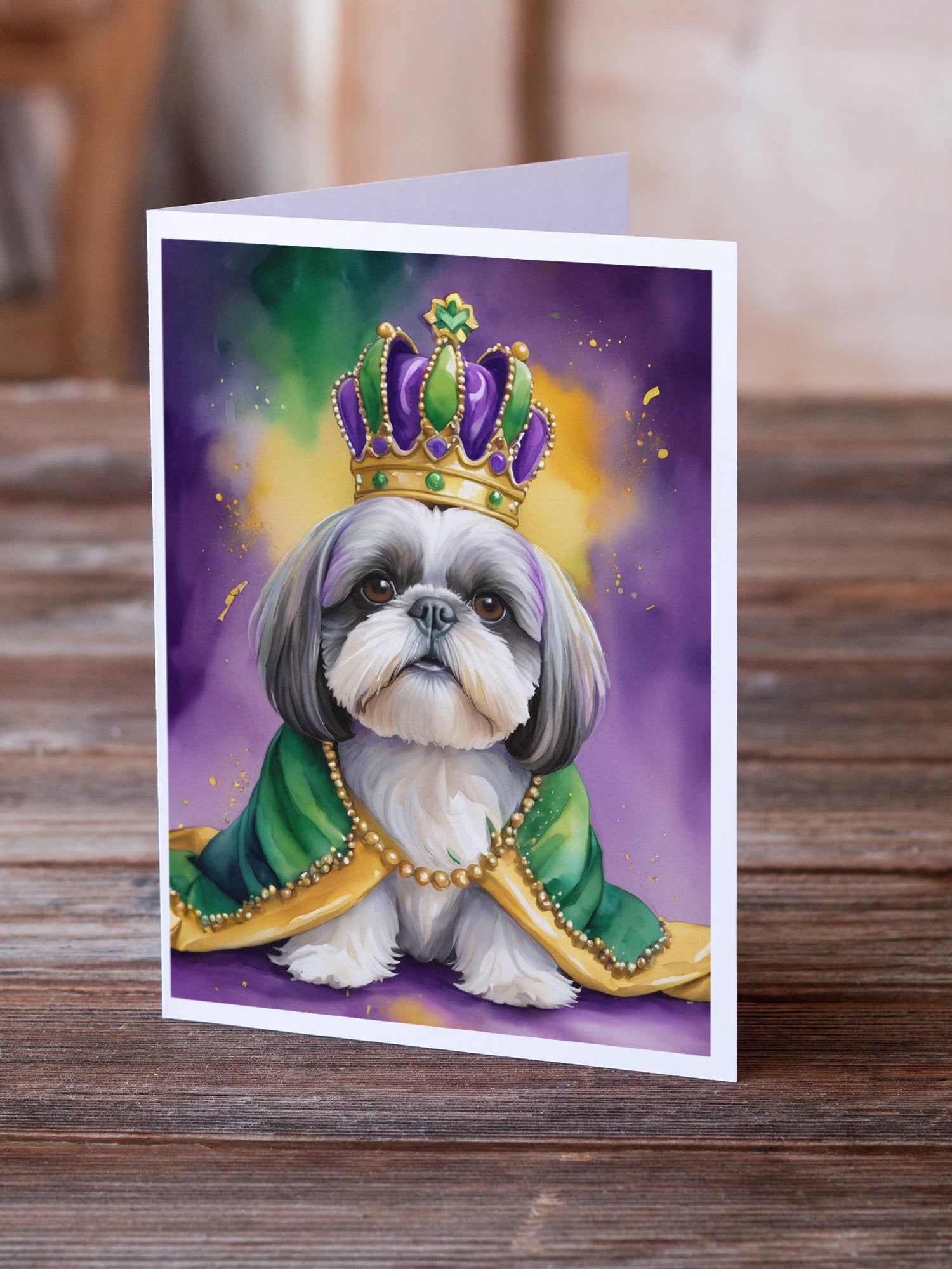 Shih Tzu King of Mardi Gras Greeting Cards Pack of 8 7 in x 5 in
