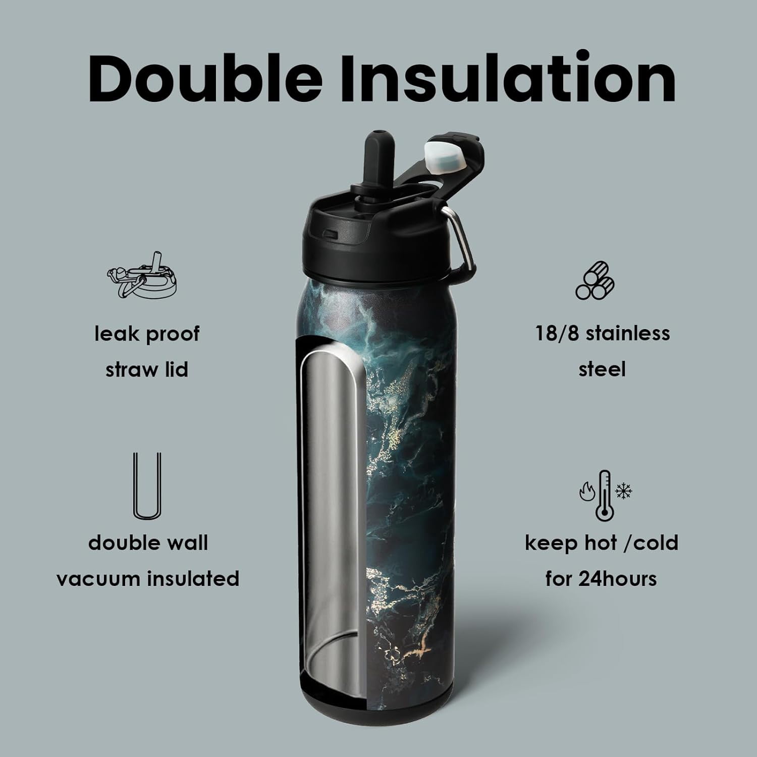 BOTTLE BOTTLE 24 oz sports water bottle stainless steel insulated water bottle with straw and pills holder black stone