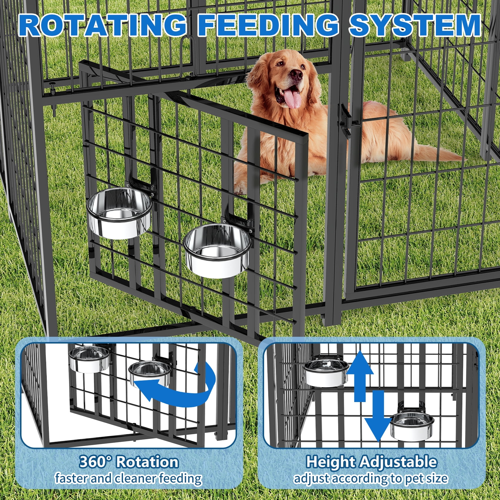 Suchown 4' x 4' x 5.6' Heavy Duty Dog Kennel Outdoor - Welded Wire Puppy Training Pen with Roof Cover & Rotating Feeders - Secure Walk-In Enclosure