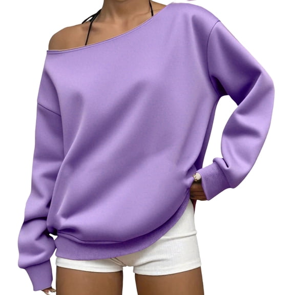 hoksml Everyday Essential Off Shoulder Pullover Women's, Drop Shoulder Long Sleeve Sweatshirt with Rib Cuffs and Relaxed Fit