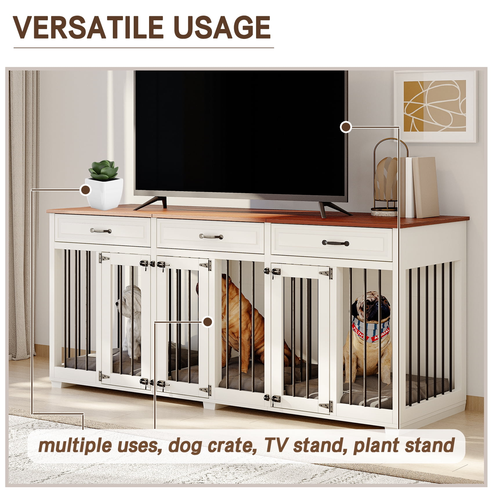 Jenser Multi-Functional 3-Door 72" Wooden Furniture Style Crate for Dogs with 2 Dividers