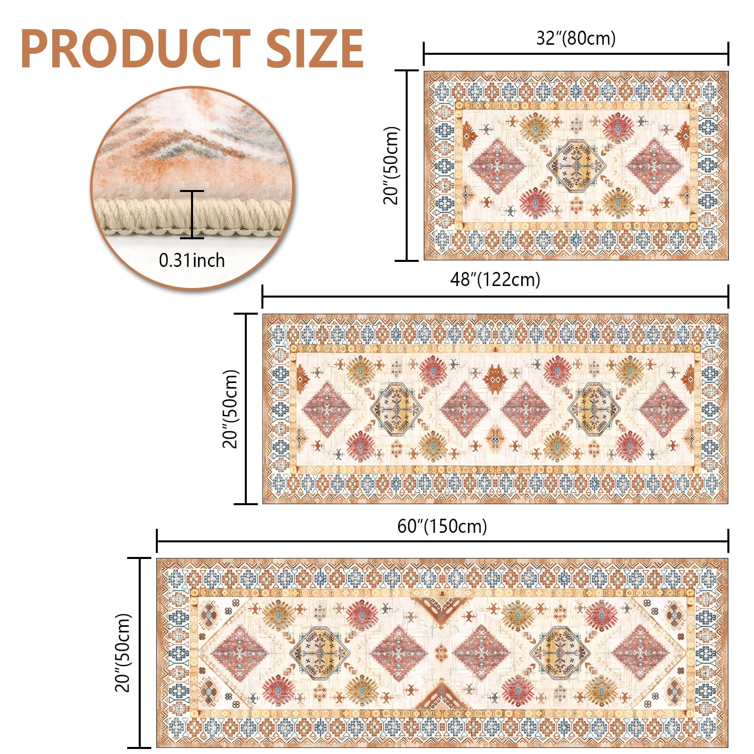 3 Piece Kitchen Rugs Set with Runner, Non-Slip TPR Cotton Backing Washable Kitchen Floor Mats, for Kitchen Laundry Hallway Bathroom