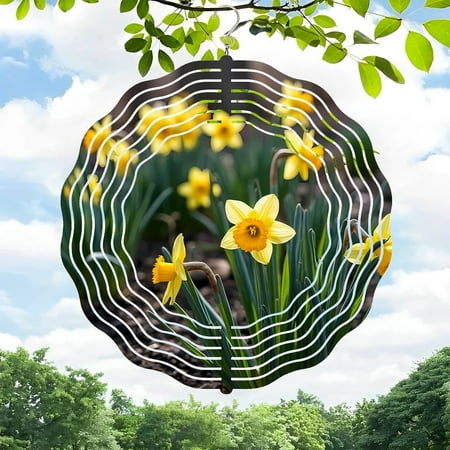 3D Metal Hanging Wind Spinners – Artistic Circular Design with Concentric Lines – Vibrant Daffodil Pattern for Yard and Garden Decor 3D Metal Hanging Wind Spinners – Artistic Circular Design with Concentric Lines – Vibrant Daffodil Pattern for Yard and Garden Decor