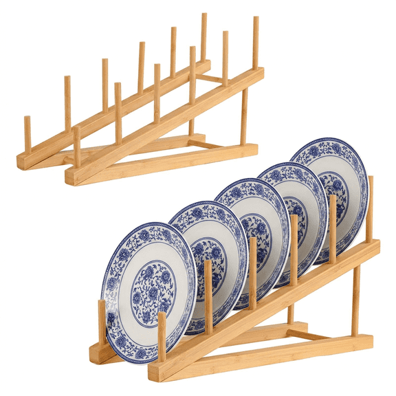 2 Pack Wooden Plate Rack, Tiered Display Stand Includes Plate Stands for Display , Multi-Purpose Book Stands for Display and Magazine Holder for Tabletop Decor & Kitchen Storage
