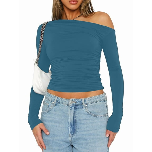 Women'S Casual Long Sleeve Boat Neck Off Shoulder Slim Fit Crop Top Going Out Blouses Y2K Tight Shirts Denim Blue S