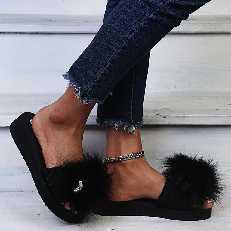 Shpwfbe Slippers For Women Outer Wear Fashionable Furry Flip Flops