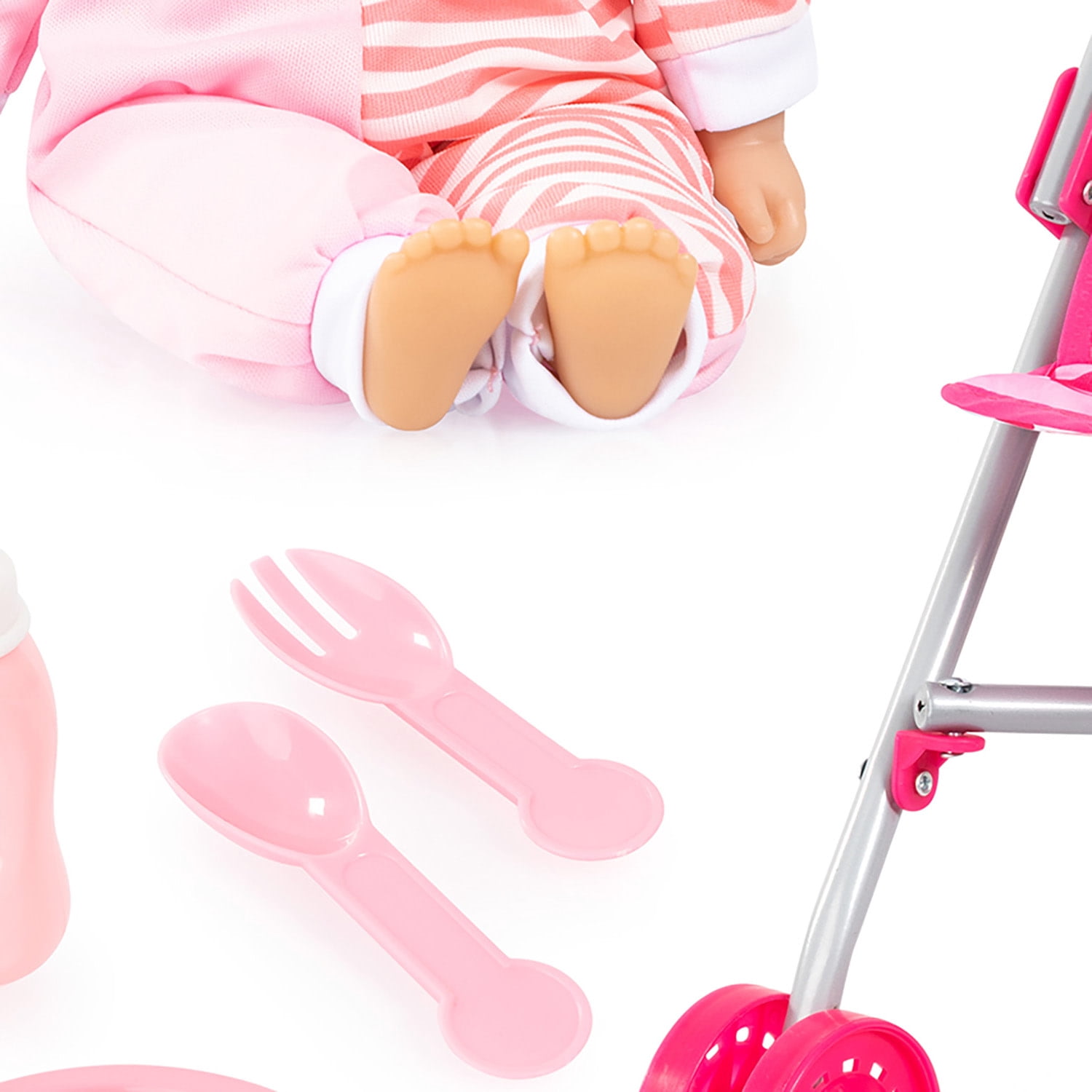 Bayer Design: Buggy & 14" Baby Doll Set - Pink & White Striped Onesie, Flower Umbrella Push Stroller, Toy Feeding Care Accessories, Kid-Toddlers 18mo+