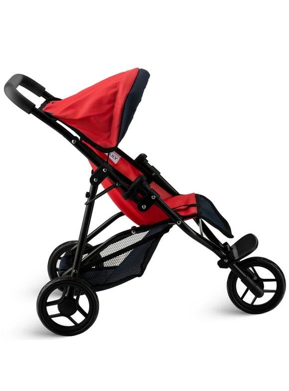 Hushlily Baby Doll Jogger Stroller with Adjustable Canopy & Basket, Foldable, with Smooth Rolling Wheels (Red & Denim Blue)