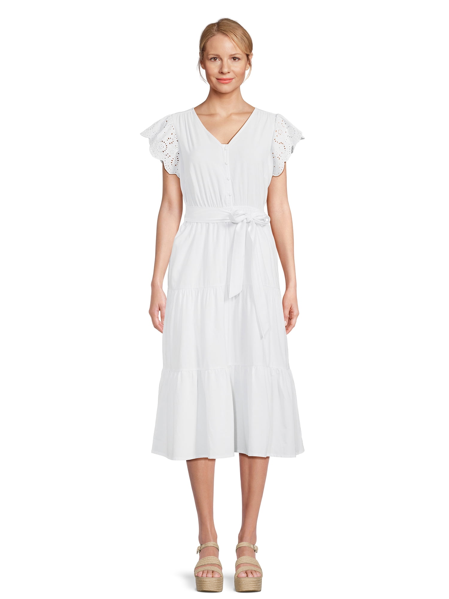 Time and Tru Women's Tiered Midi Dress with Eyelet Sleeves - Walmart.com