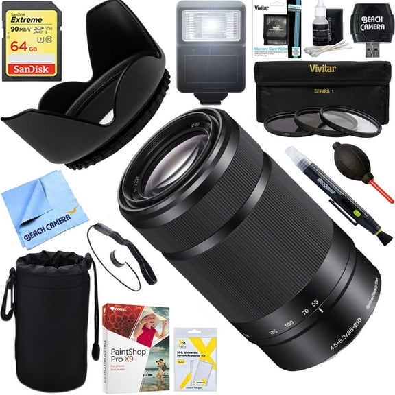 Sony 55-210mm Zoom E-Mount Lens Black (SEL55210/B)   64GB Ultimate Filter & Flash Photography Bundle