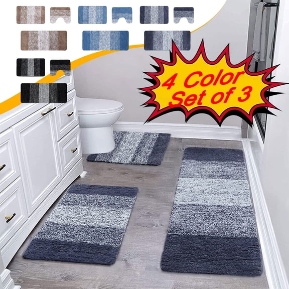 KOYPTL 3 Pcs Bath Mat Set for Bathroom,Soft Fluffy Bathroom Rugs Water Absorption Non-Slip Machine Washable Dirt-resistant for Home Decor (2*Toilet Shower Rug U Shape Rug) Blue