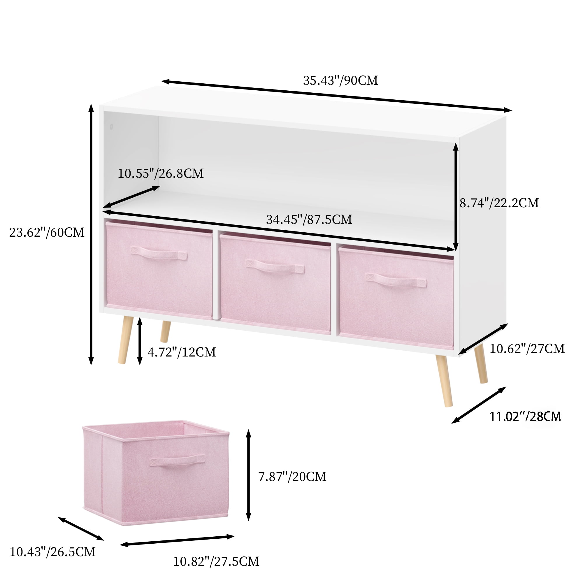 Aukfa Kids Bookcase with 3 Collapsible Drawers, Display Stand Toy Storage Organizer for Bedroom/Playroom,Pink
