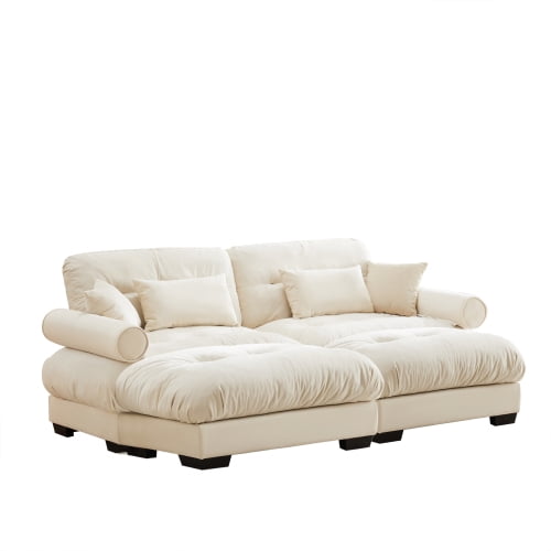 93" Modern Oversized Cream Velvet 2-Seater Sofa with Ottoman, Round Bolster Armrests, Waist Pillow & Throw Pillows, Cloud-Like Modular Couch for Reading Room, Loft & Bedroom