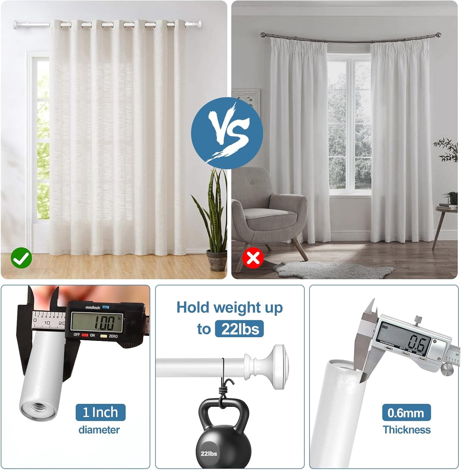 Urbanest Adjustable Double Curtain Rod Set Semplice Flat Button Finials – 1″ Front & 3/4″ Glossy White Rod With Black Rod, 48–84 Inches