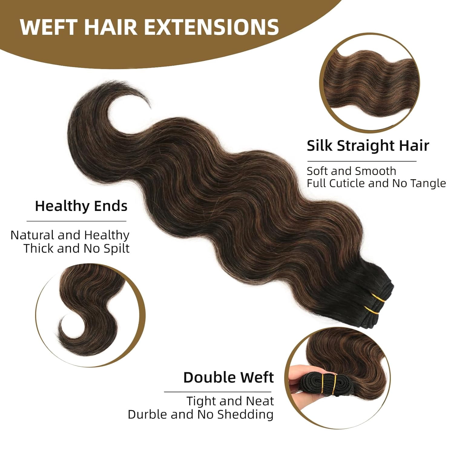 Sew in Hair Extensions Real Human Hair, 110g 20 inch Balayage Natural Black to Chestnut Brown Body Wave Bundles Remy Human Hair Weave Extensions Double Weft