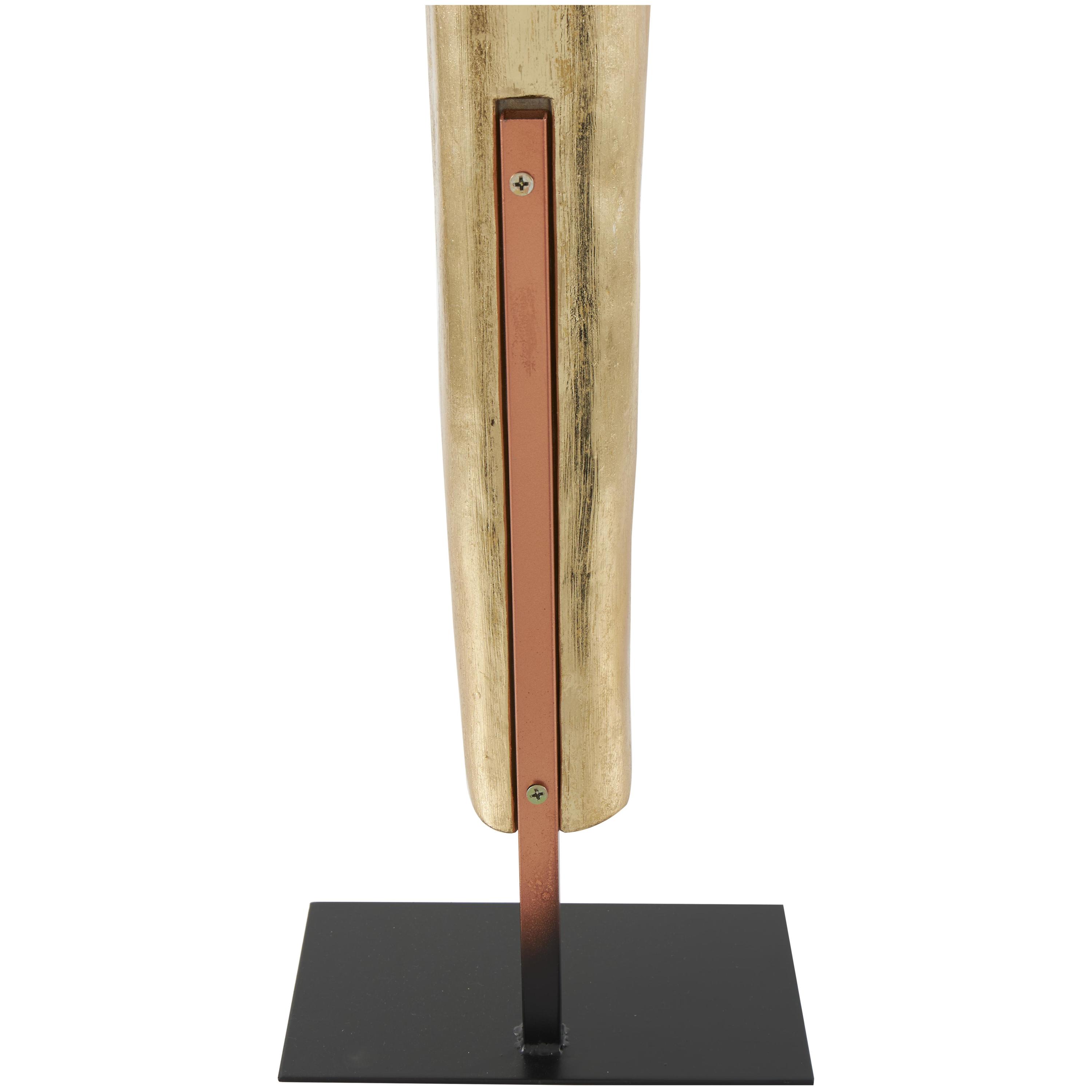 9" x 39" Gold Polystone Slim Abstract Leaf Sculpture with Black Metal Stand, by DecMode