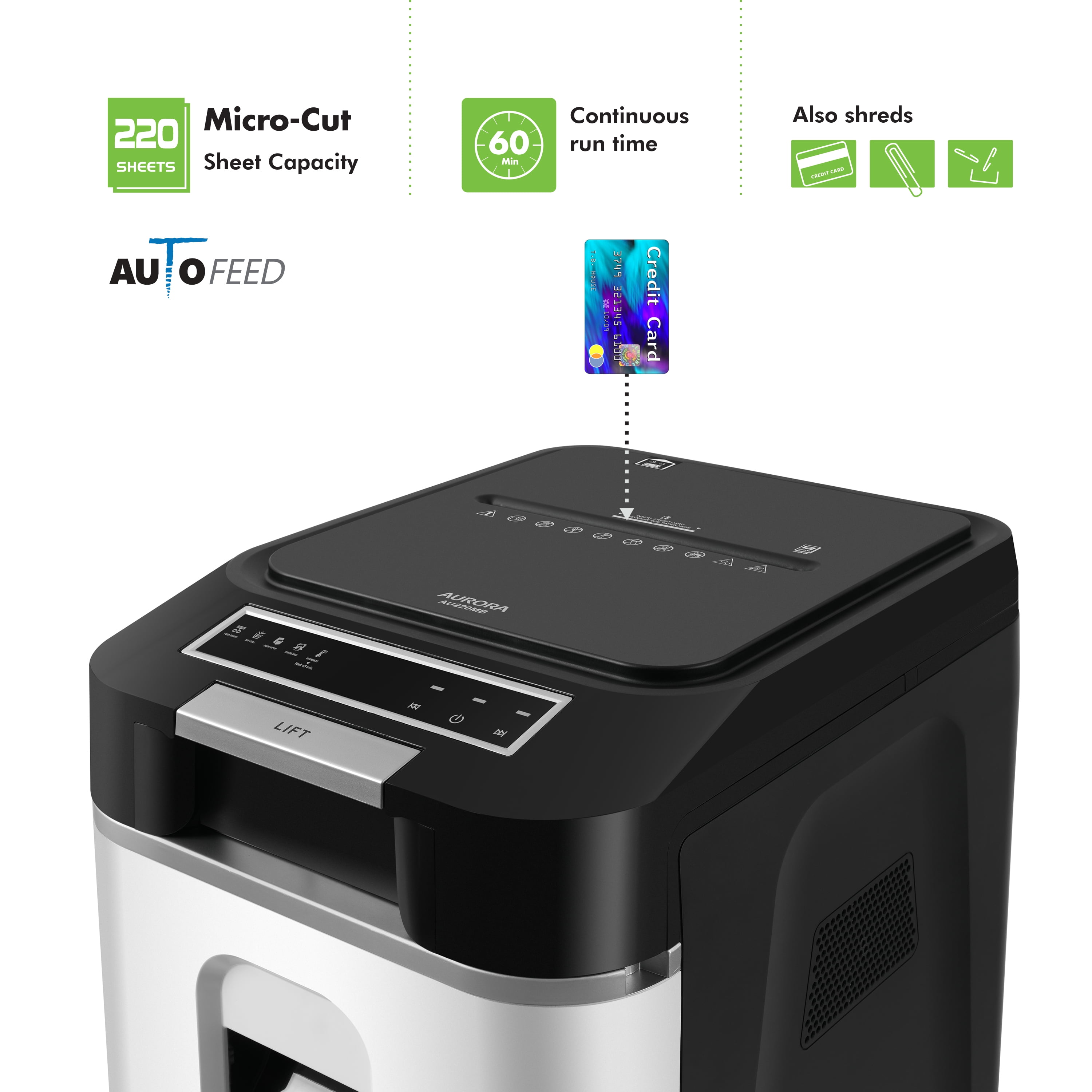 Aurora Commercial Grade 220-Sheet Auto Feed High Security Micro-Cut Paper Shredder/ 60 Minutes/Security Level P-5