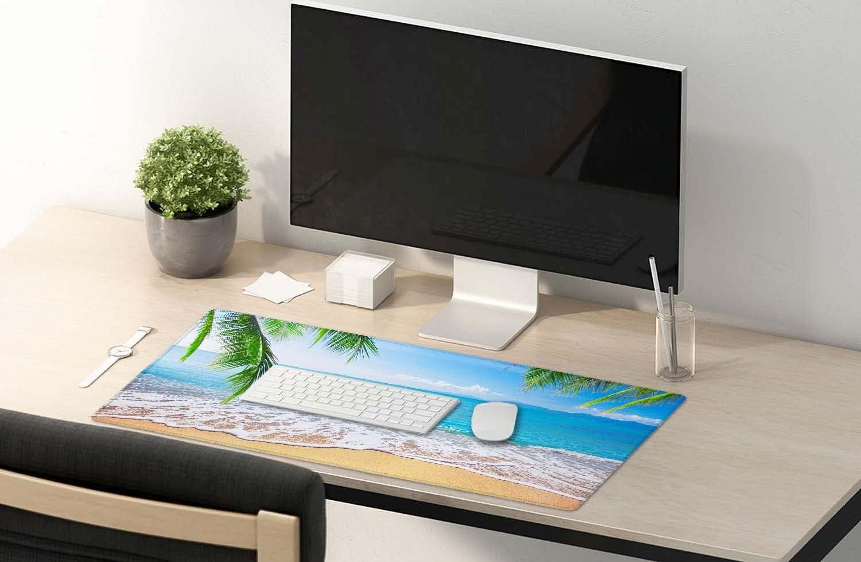 Gaming Mouse Pad, Extended Mouse Pad, 35.4x15.7inch XXL Large Big Computer Keyboard Mouse Mat Desk Pad with Non-Slip Base and Stitched Edge for Home Office Gaming Work, Tropical Palm Tree Beach