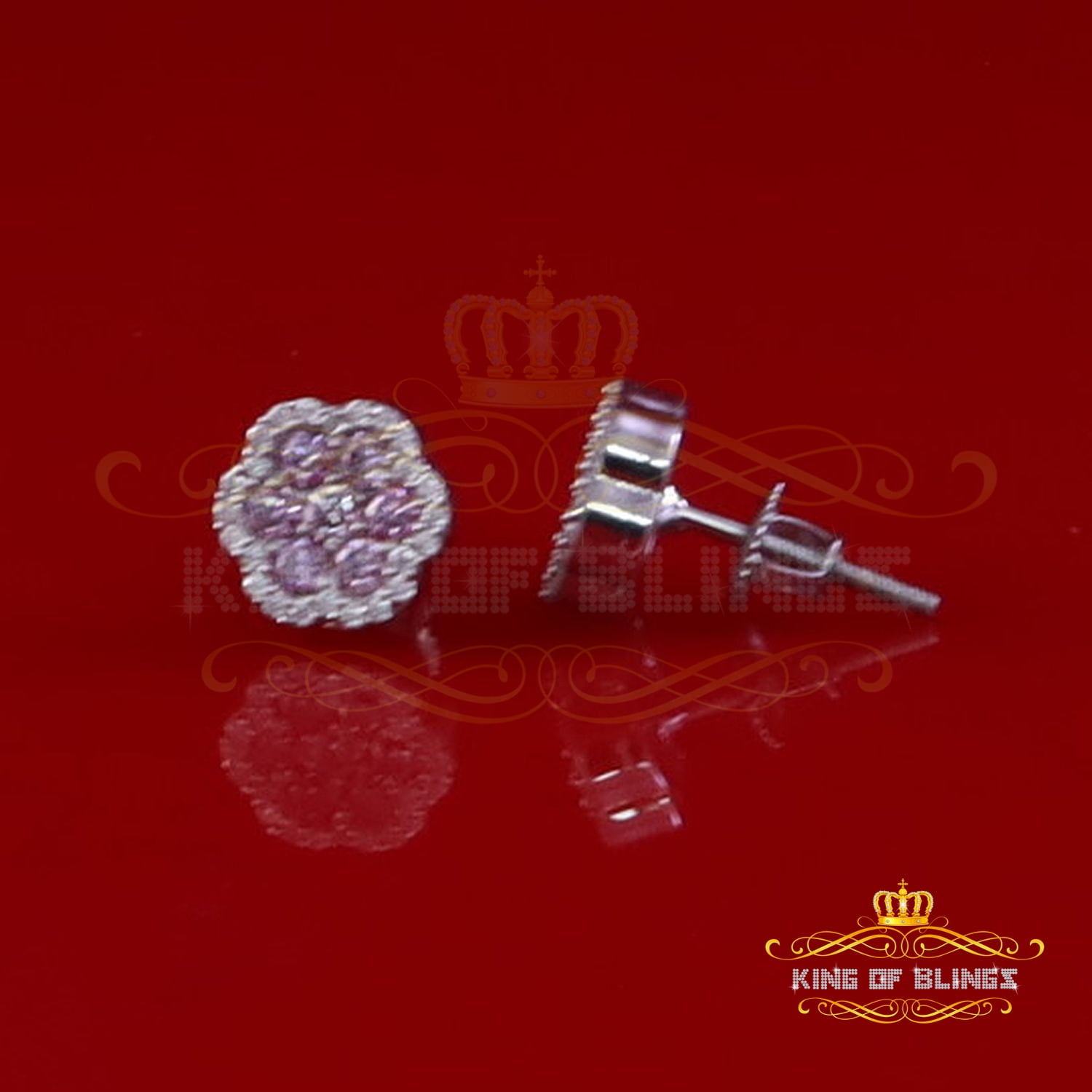 King of Bling's 925 Silver White 0.66ct VVS D Pink Moissanite Floral Men's/Women's Stud Earrings
