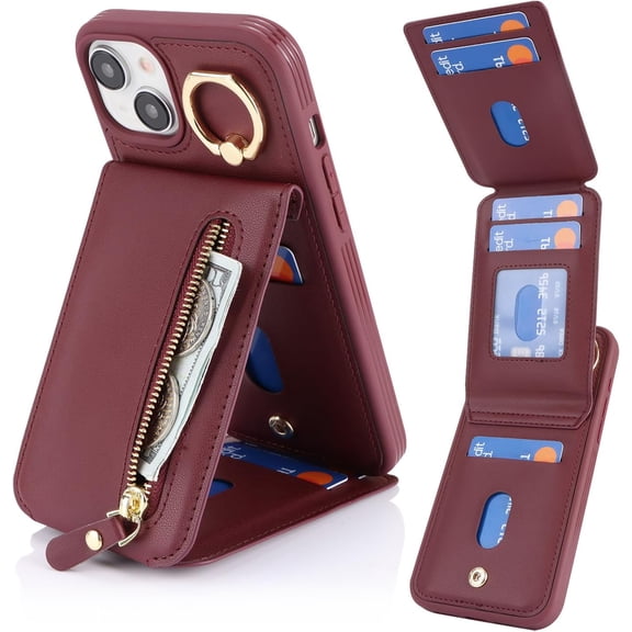iPhone 15 Case with Card Holder for Women, iPhone 15 Phone Case Wallet with Strap Credit Card with Kickstand Zipper Case for iPhone15 - Red Wine
