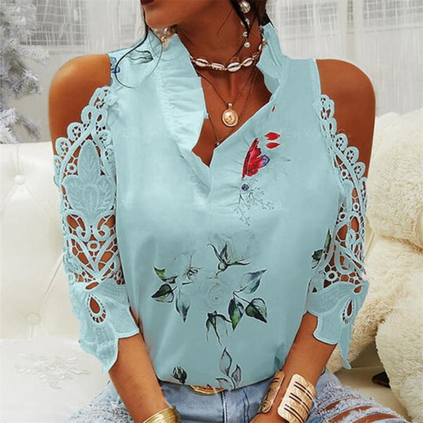 Tops con estampado de flores para mujer, camiseta de media manga con hombros descubiertos y costuras de encaje, camisetas holgadas informales a la moda para mujer 2022