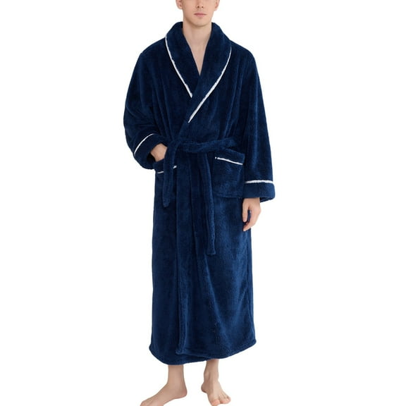 SWSMCLT Men's Ankle Fleece Bathrobe Chunky Belt Cold Weather Long Sleeve Loungewear Billowy Bathrobes Chic Navy Small