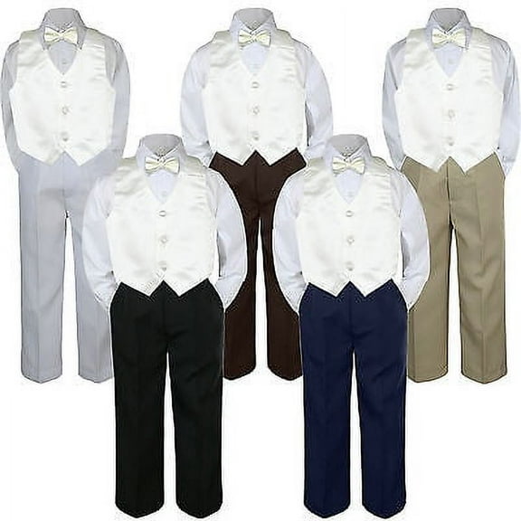 4pc Boy Suit Set Ivory Off white Bow Tie Vest Baby Toddler Kid Formal Pants S-7