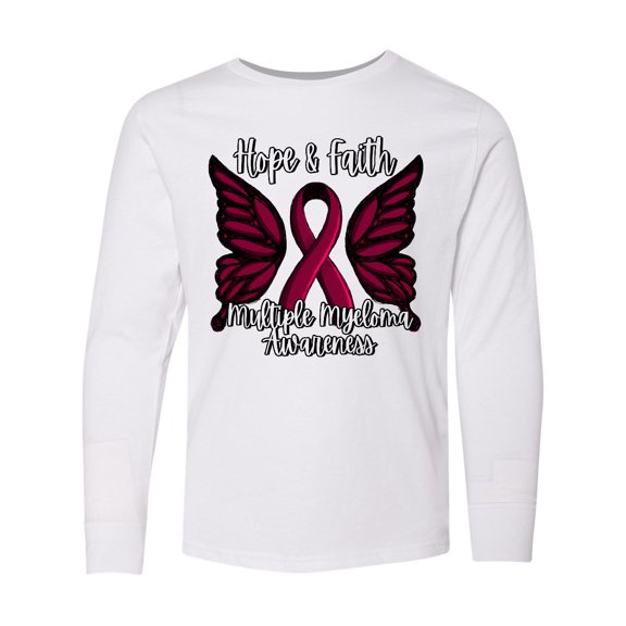Inktastic Multiple Myeloma Cancer Awareness Hope & Faith with Butterfly Ribbon Long Sleeve Youth T-Shirt