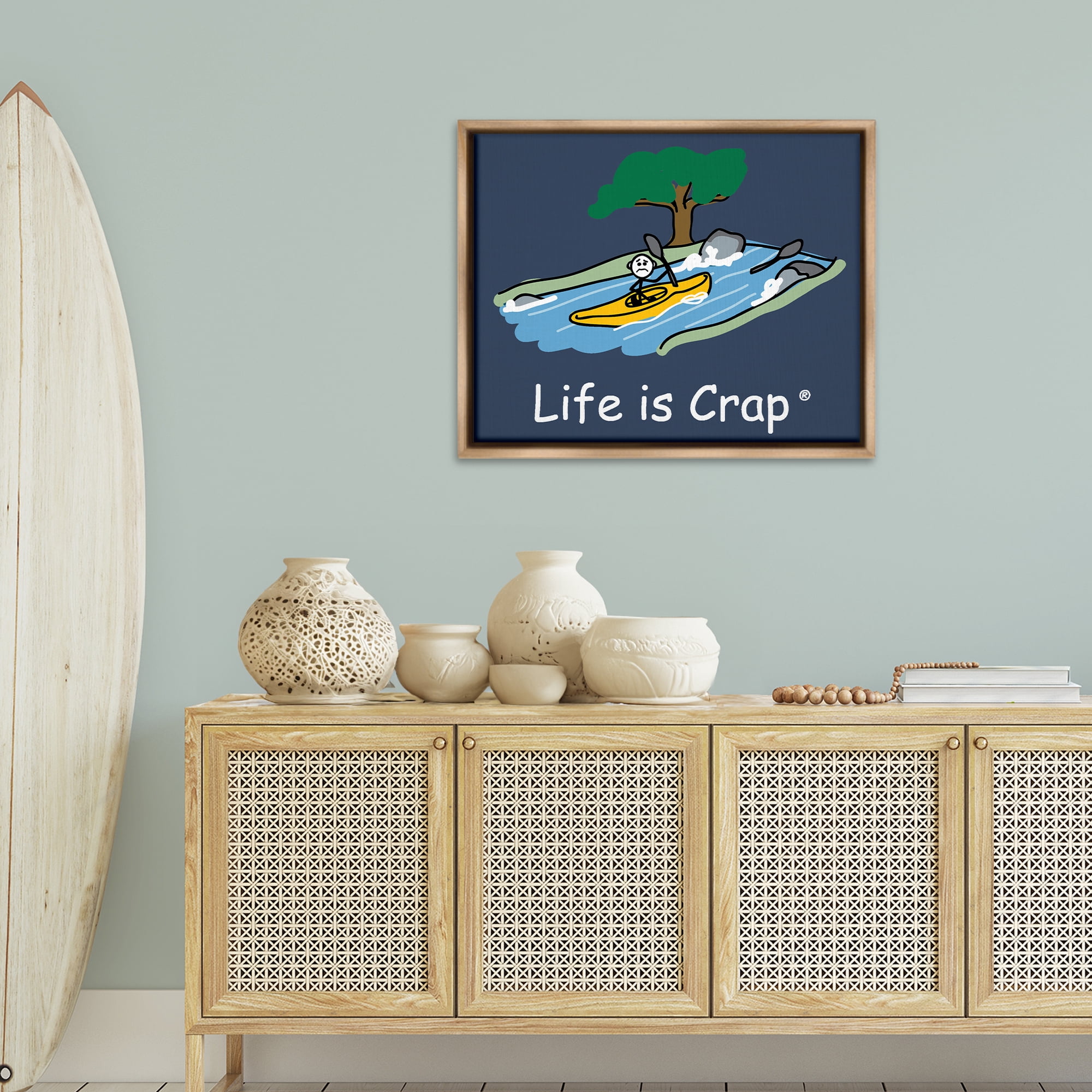 Stupell Industries Life Is Crap Kayaker Novelty & Humor Painting Brown Floater Framed Canvas Art Print Wall Art, 31 x 25