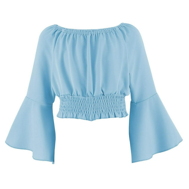 breaise Girl's Off Shoulder Tops Ruffle Trim Puff Long Sleeve Tube Crop Blouse Trendy Elastic Shirt Top Light Blue 9 Years
