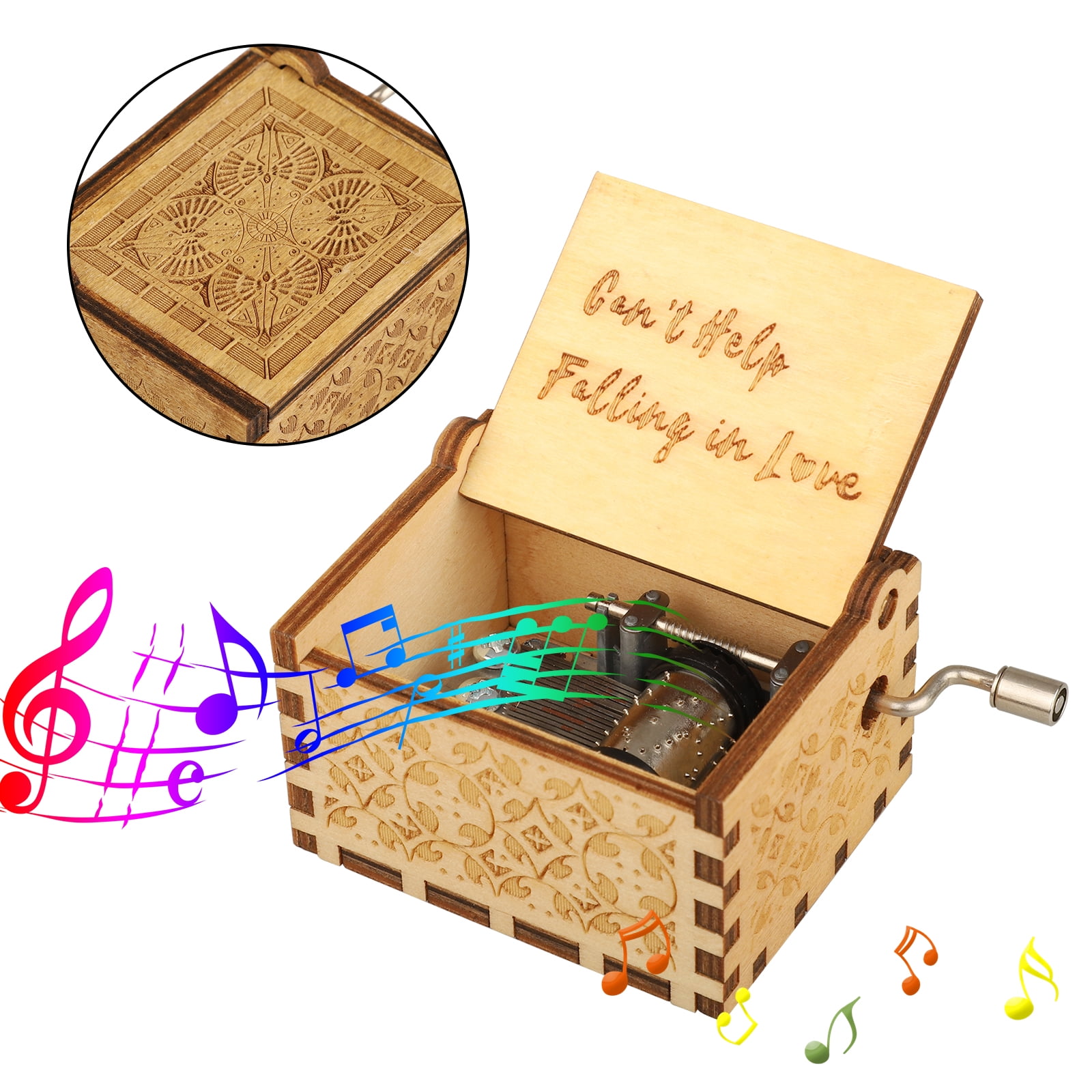 Retro Wooden Music Box Hand Crank Engraved Musical Toys Birthday Valentine 
