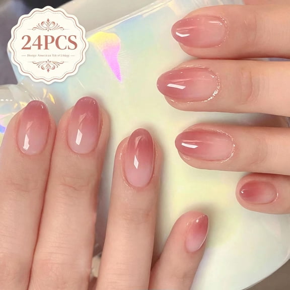 24PCS Medium Oval Press On Nails, Gradient Solid Gloss Full Cover Acrylic Fake Nails Reusable Glue On False Nail Tips for Minimalist Daily Bridal Wedding Elegant Women Casual Nail Art Decoration