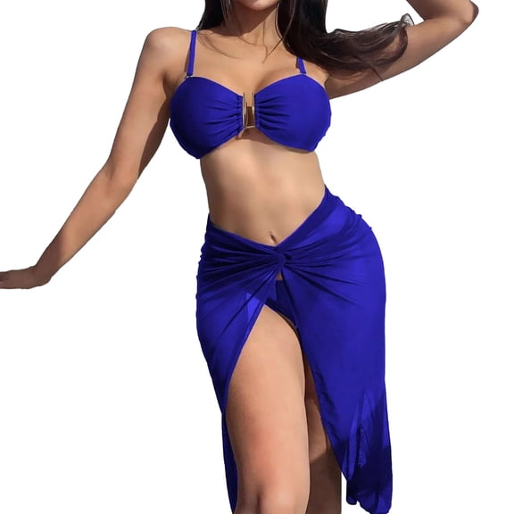 KaLI_store Swimsuit Women Tummy Control Women Back Braided Straps Bikini Sets Reversible Bottom Strappy Lace Up 2 Piece Swimsuits Blue,S