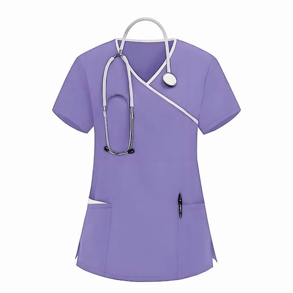 Domuza Women Scrub Tops Casual Soft Stretchy Short Sleeve V Neck T Shirts Breathable Comfy Nurse Uniforms Top with Multiple Pocket Purple XL