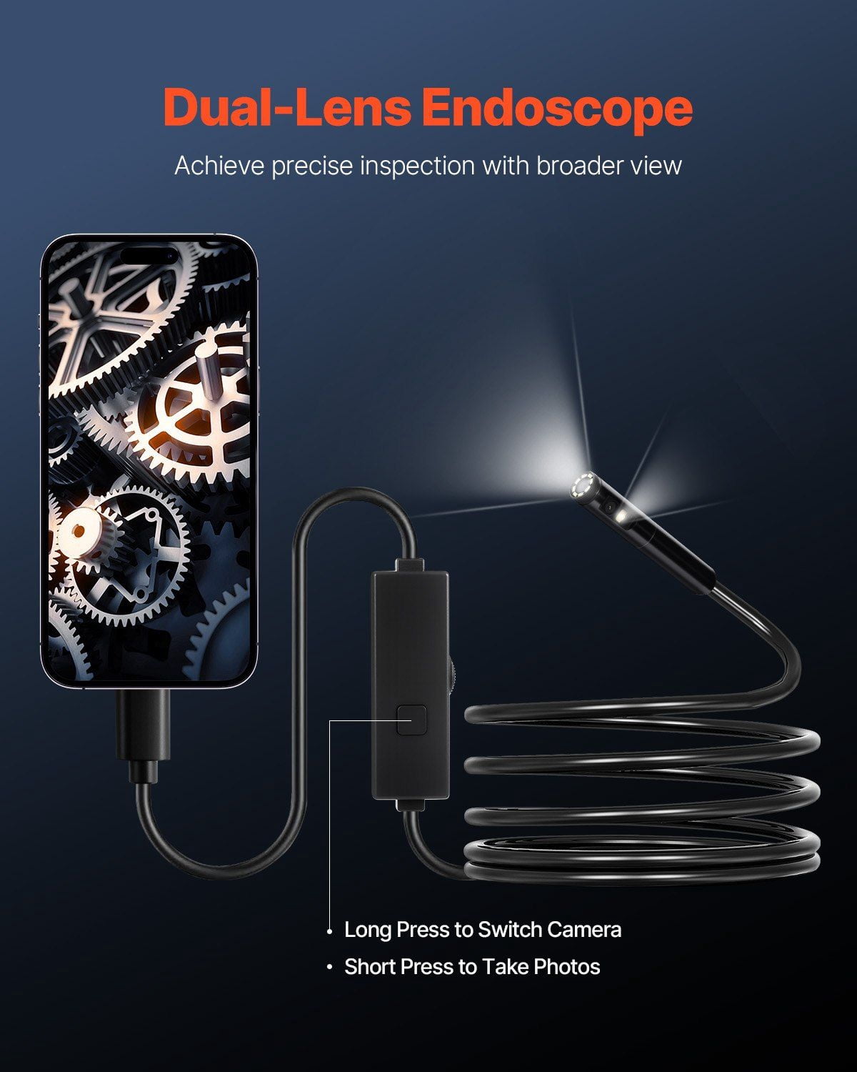 Flexible 10FT Dual Lens Borescope Camera for Android iOS - Endoscope with LED Light for Inspection