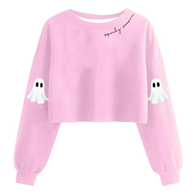 Lcziwo Chandail Court pour Femmes Halloween, Saison Effrayante, Graphique de Fantôme, Chandail à Manches Longues Lanterne, Col Rond, Chandail Molletonné Décontracté, Tenues Mode Automne 2025, Rose, G