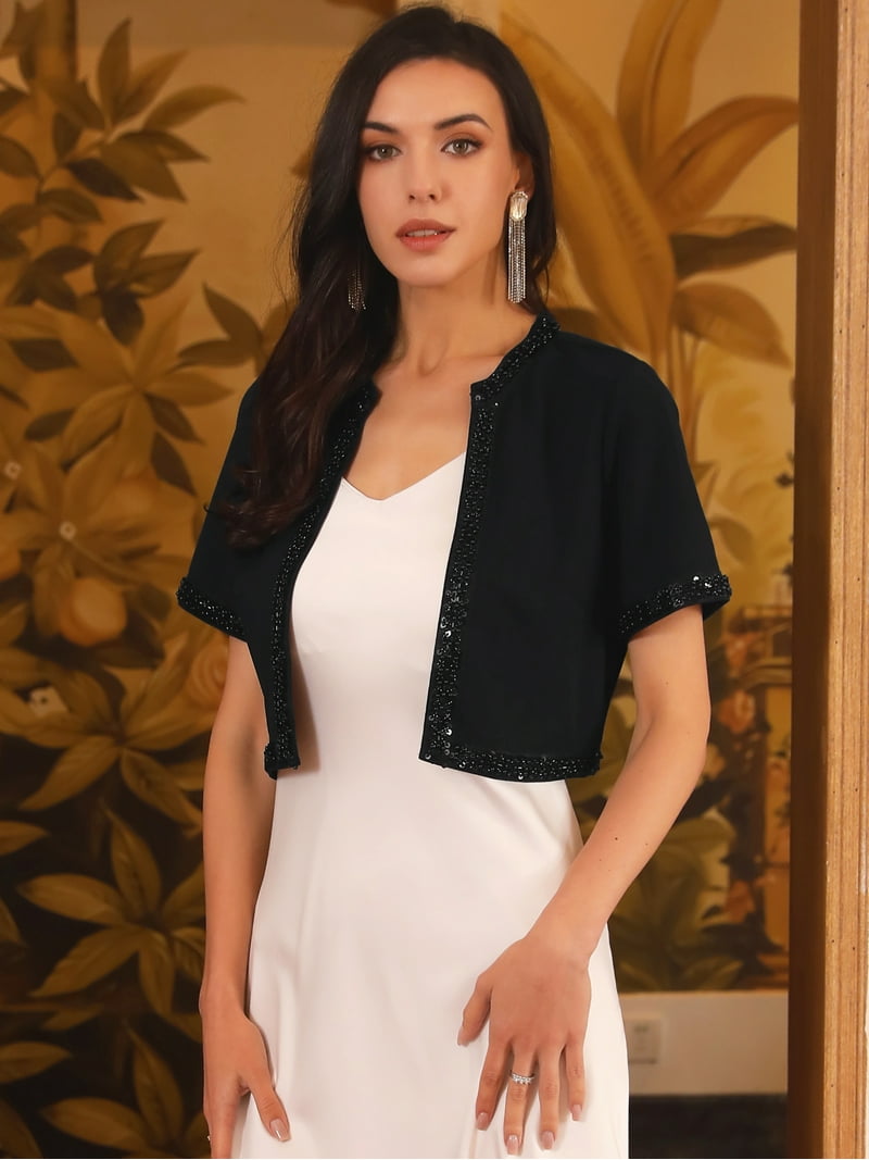 formal black shrug for dress Allegra K Velvet Long Sleeve Open Front Cropped Bolero Shrugs, Black / L