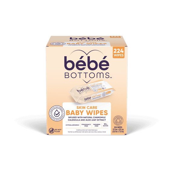 Bébé Bottoms Facial Cloth and Baby Wipe | Hypoallergenic, Fragrance & Paraben Free | Sensitive Skin Friendly | Infused with Natural Chamomile Calendula and Aloe Leaf Extract | 224 Count