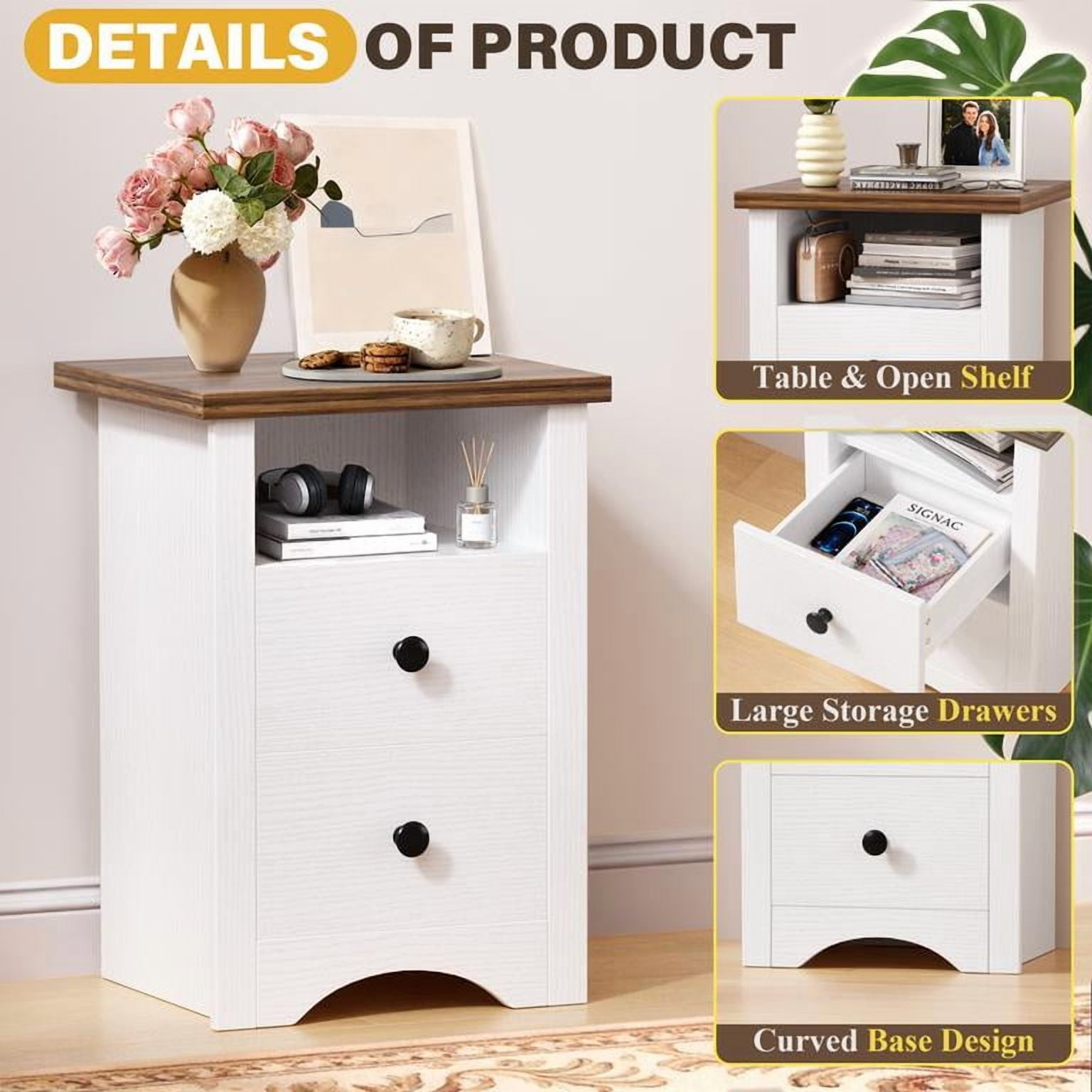 Lacoo End Table Set of 2 with 2 Drawers & Open Shelf, Nightstand for Bedroom Wood Side Table for Living Room, White