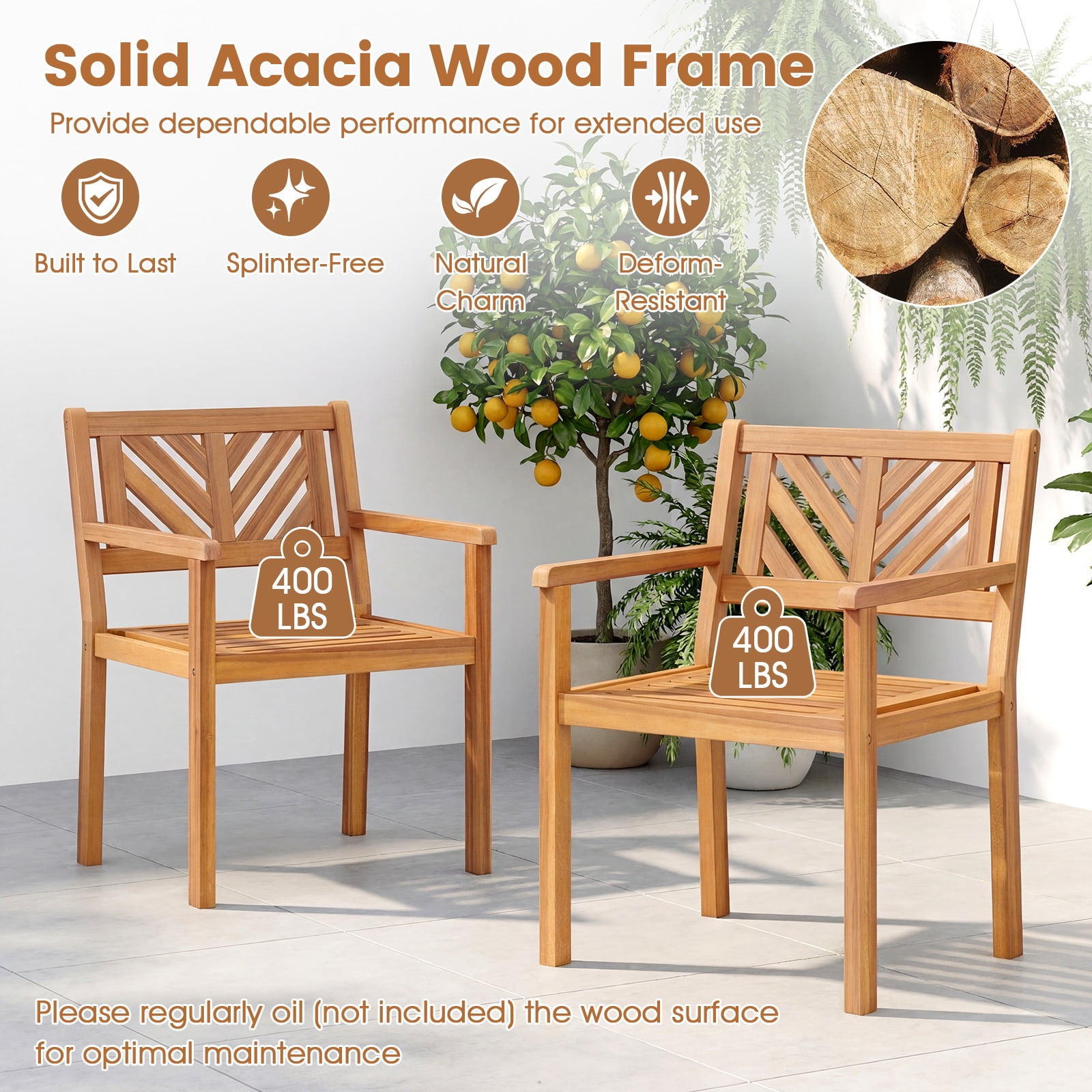 Costway Patio Dining Chairs Set of 2,Outdoor Garden Seating Chairs with 400 lbs Capacity
