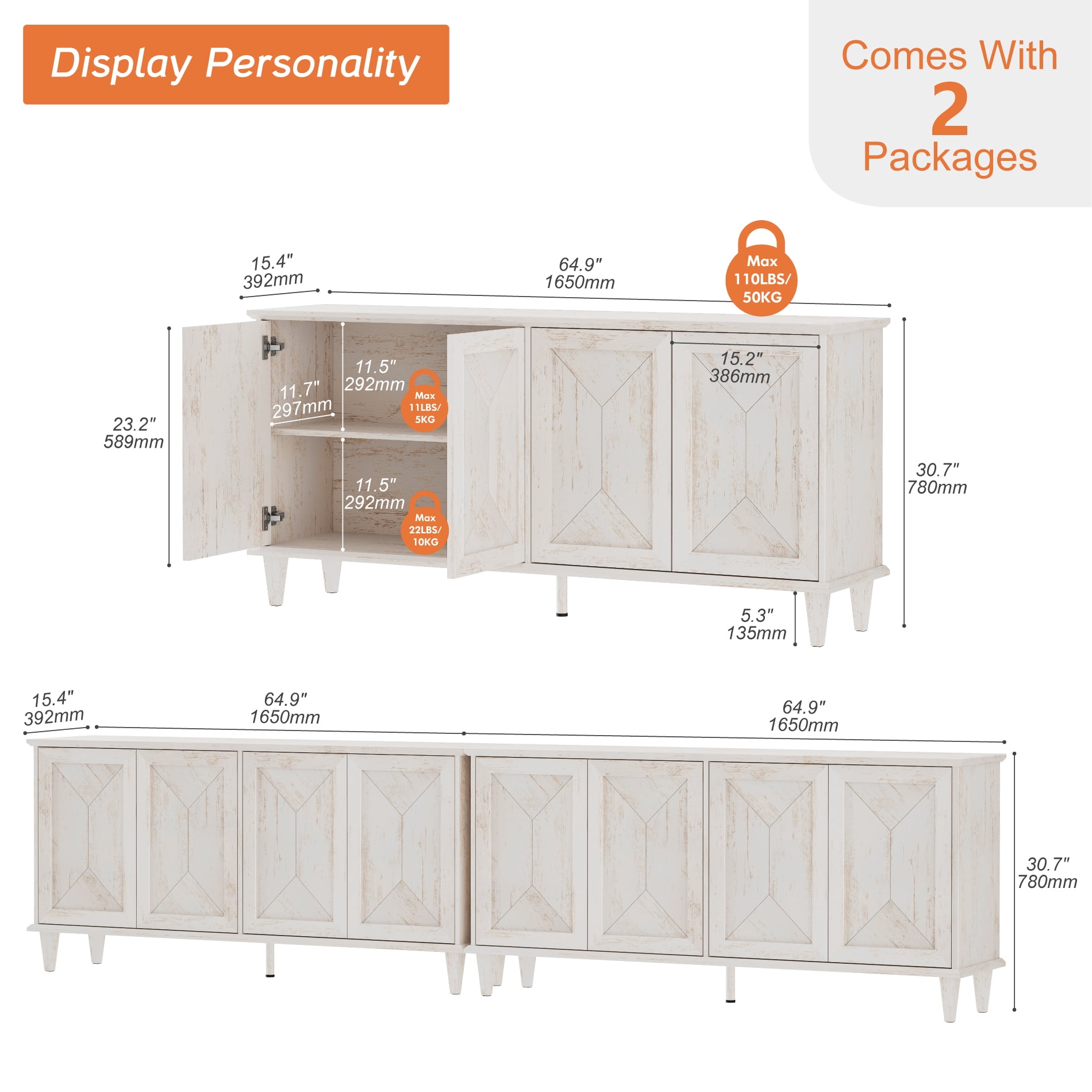 WAMPAT Modern Farmhouse Media Console for 85-130+ inch TVs,130-inch Large Double Unit TV Stand with Handcrafted Patchwork Doors,Massive Storage with Adjustable Shelves & Cable Management, Pale Oak