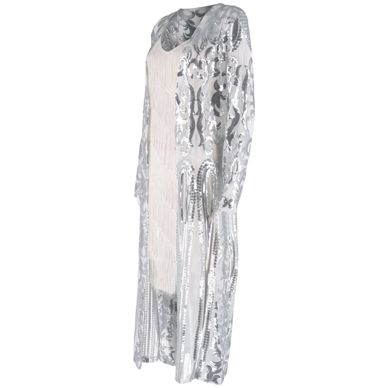 silver dress cardigan Arlun Women's Sparkling Sequin 1920s Cover up Cardigan Loose Open Front Long Sleeve Mesh Cardigans Lightweight Fashion See Through Coat Dress for